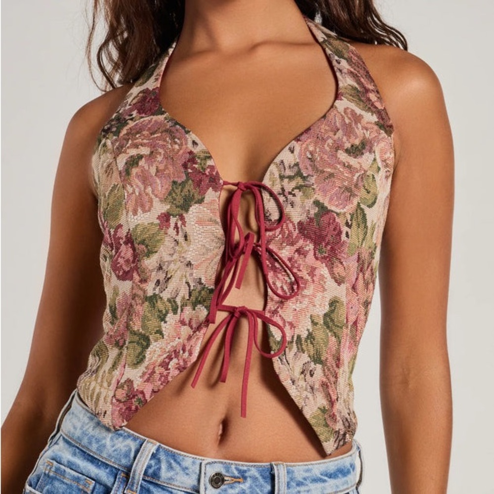 Windsor Pink Floral Halter Tank with Burgundy Ties